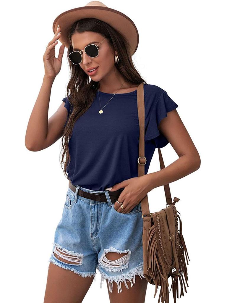 2024 Damen Lotusblatt Kurzarm Rundhals Top