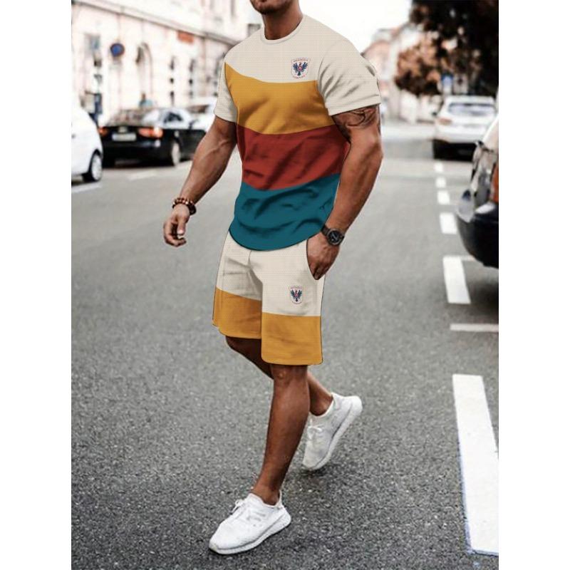 Men s Breathable Casual Sports Suit, Summer Outdoor T-shirt and Five-point Pants Set S