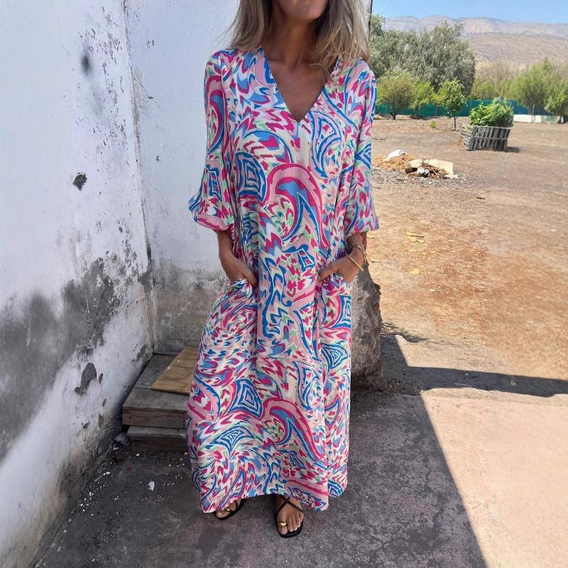 

Женское весенне-летнее модное платье с V-образным вырезом и принтом в стиле «отпуск» XXXL розовый