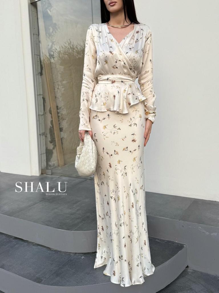 2025 Summer Floral Long-sleeve Tie-up Jacket and Midi Skirt Women's Fashion Set