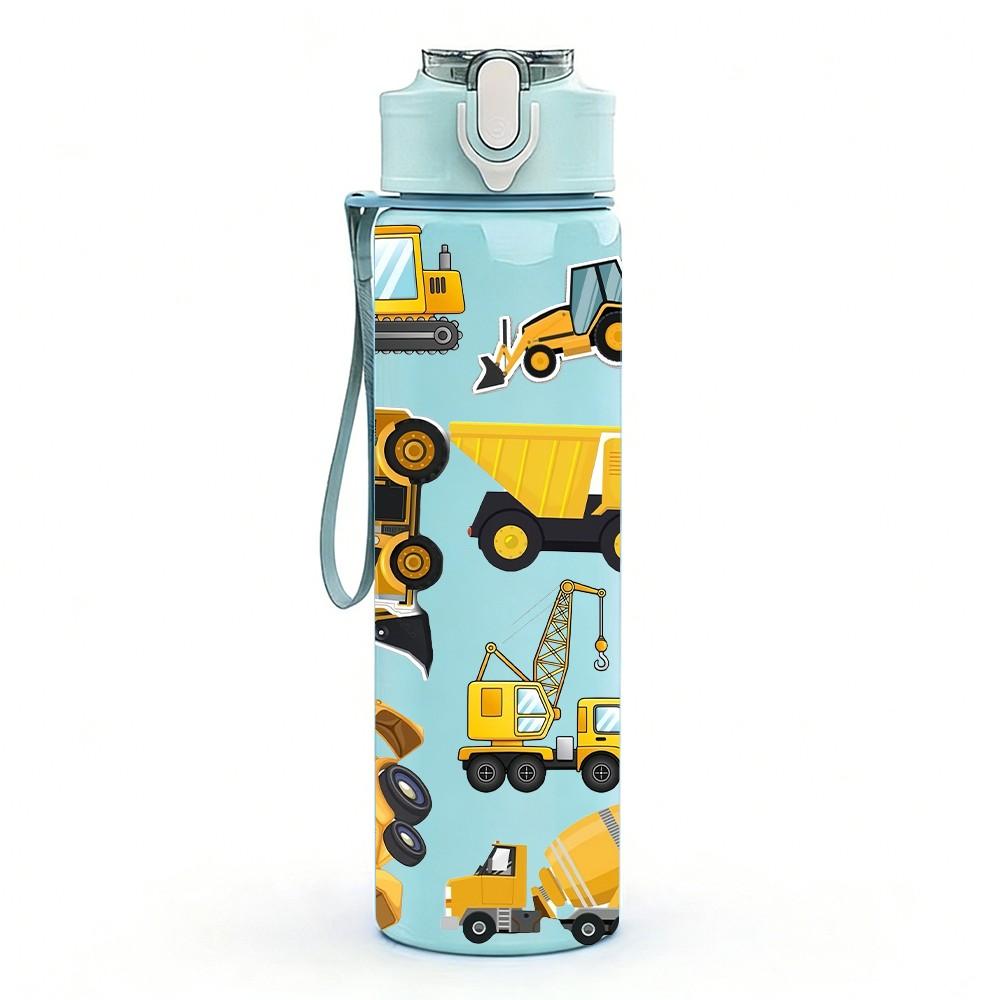 1PC Mixed Construction Truck Group Print 750ml Color Plastic Sports Water Bottle Leakproof Flip Straw Lid Suitable for Sports Office Home Use