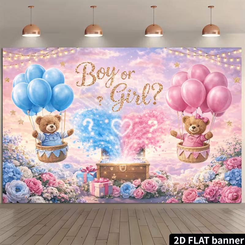 2D Baby Shower Banner Backdrop, 2D Flat Printing Blue Pink Bear Party Background