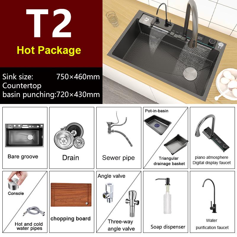 Edelstahl-Wasserfall-Küchenspüle, großes Einzelfach, integriertes Digitaldisplay, Wasserhahn-Set, multifunktionales Waschbecken