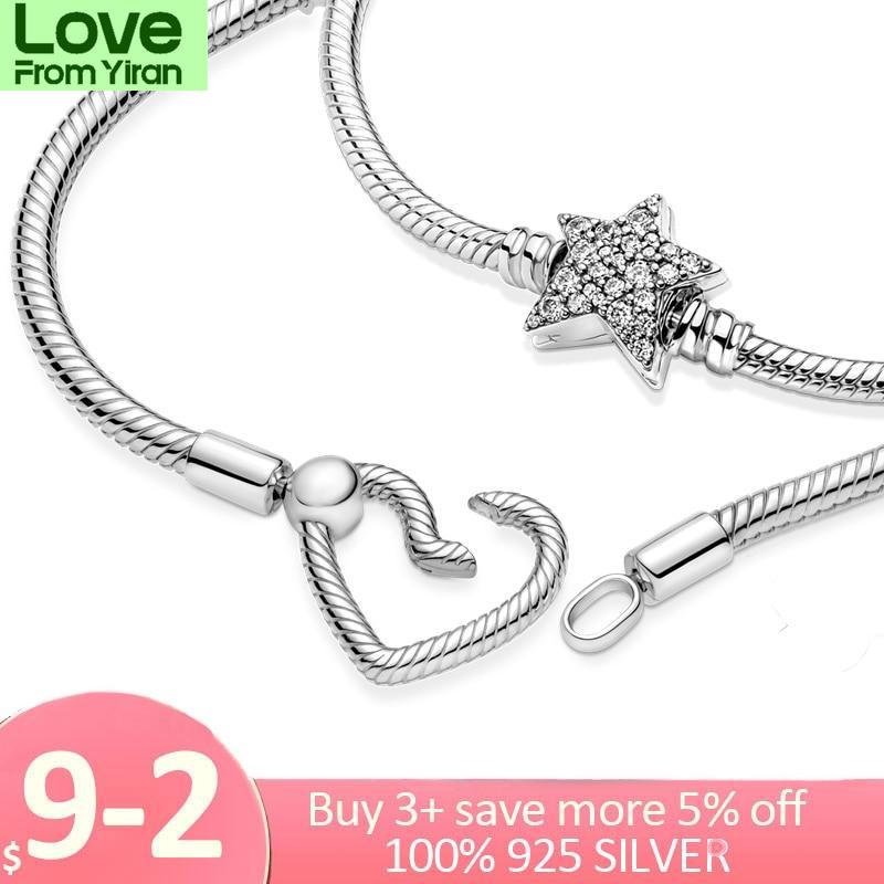 

Настоящий браслет из стерлингового серебра 925 пробы, браслет-цепочка в форме сердца и змеи, для женщин, подходит для изготовления ювелирных изделий в виде бусин с подвесками 18cm звезда