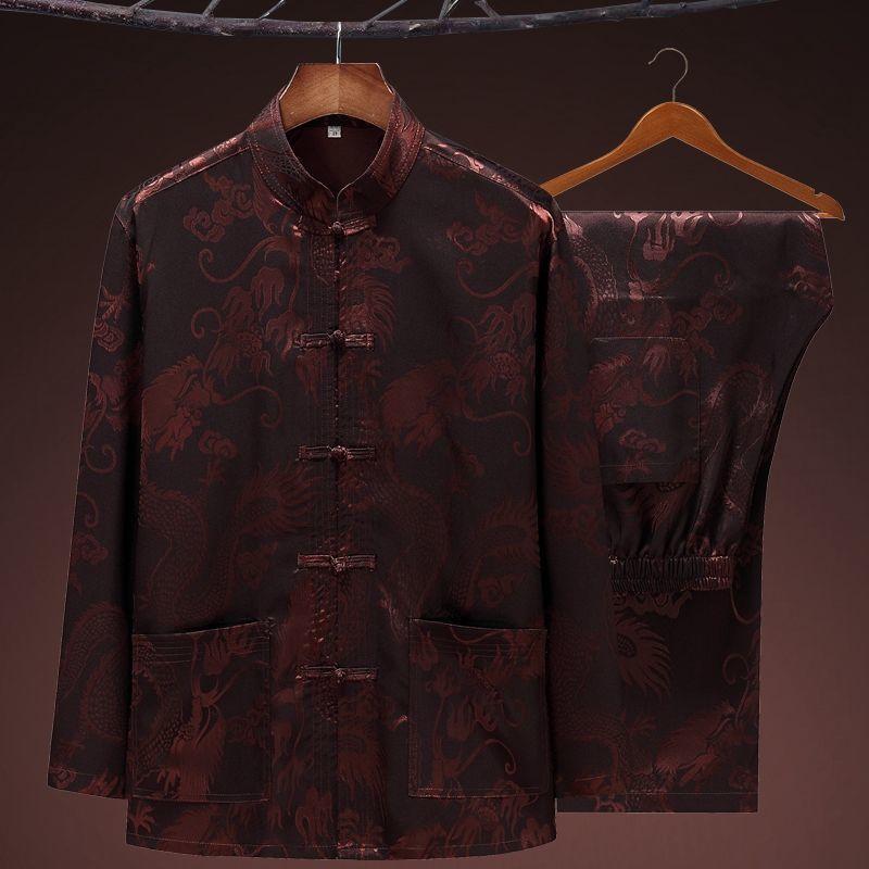 Promoção Terno Tradicional Chinês Masculino de Seda Cetim Kung Fu Conjuntos Traje Tang Manga Longa Calça Dragão Wu Shu Tai Chi Conjuntos