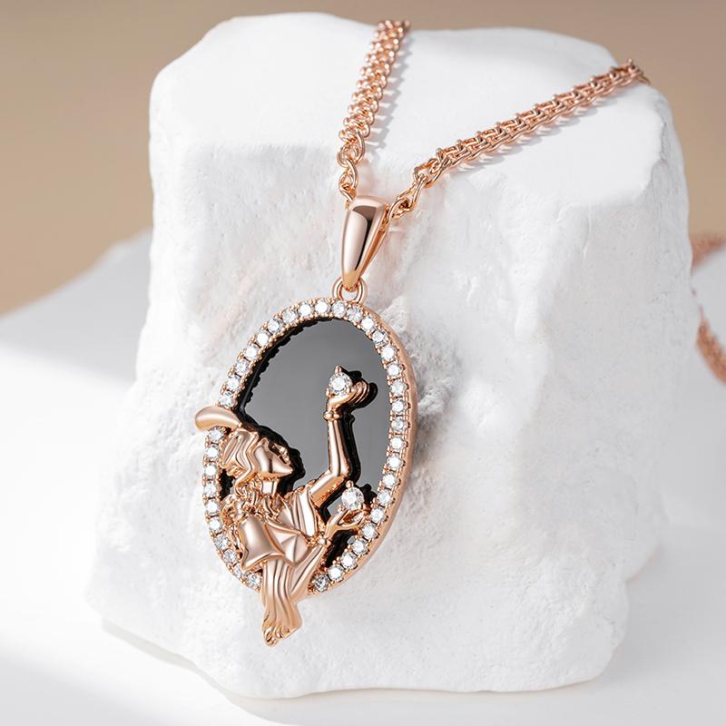 Big Oval Black Stone Pendant Necklace Women Fashion  Rose Gold Color Accessories High Quality Daily Fine Jewelry