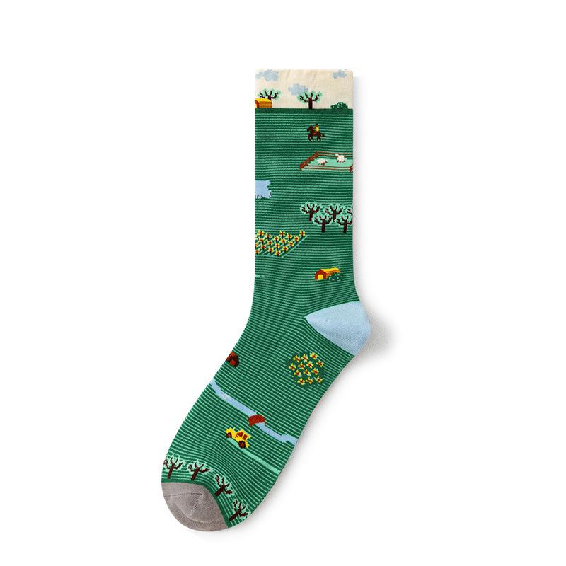 French Retro Abstract Oil Painting Mid-Calf Socks - Trendy Autumn/Winter High-Top Creative Combed Cotton for Women