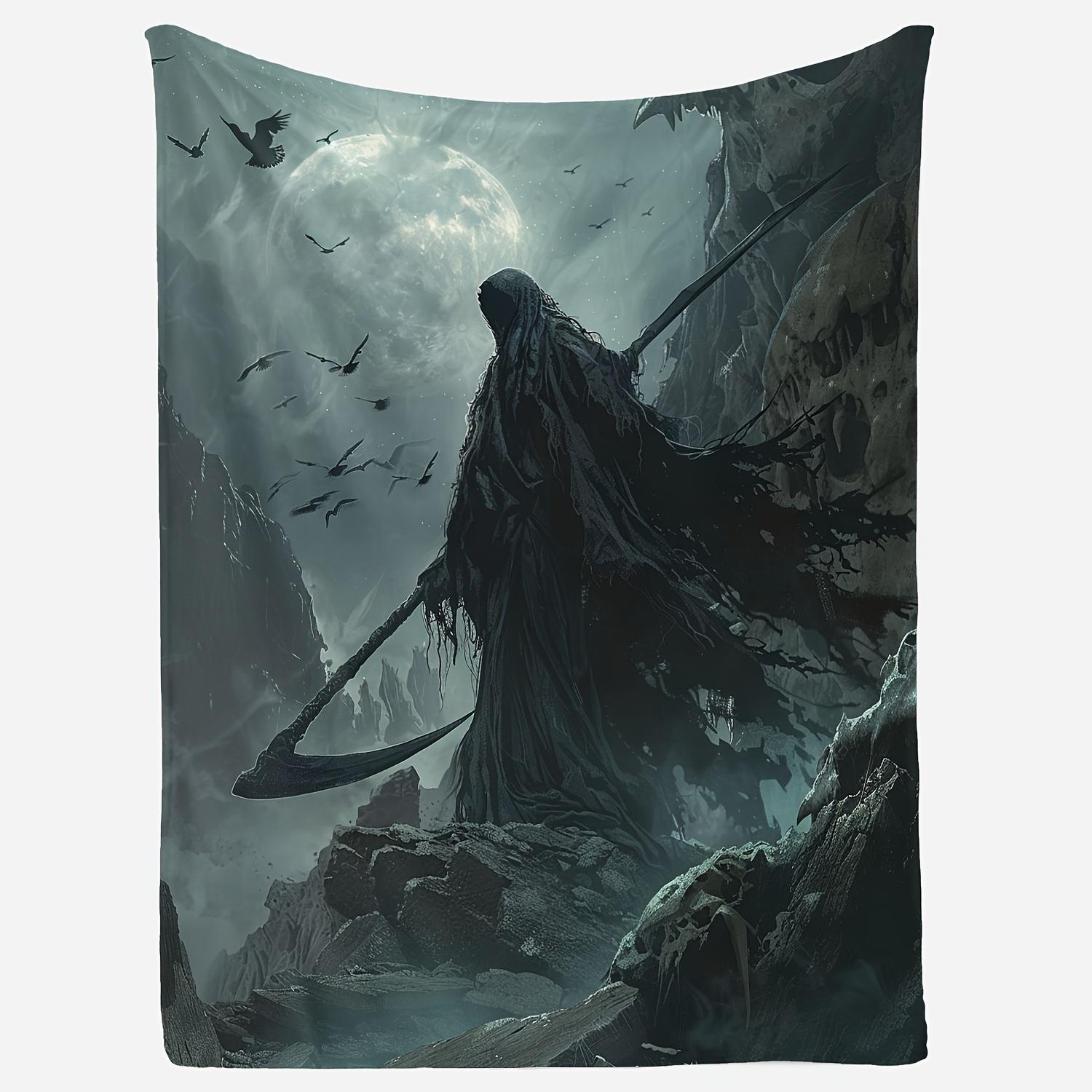 

Mid-Century Style Grim Reaper Under Moonlight Throw Blanket – Horror Themed, Soft Flannel Fleece, All-Season Comfort, Unique Kni 75x90cm28x35in