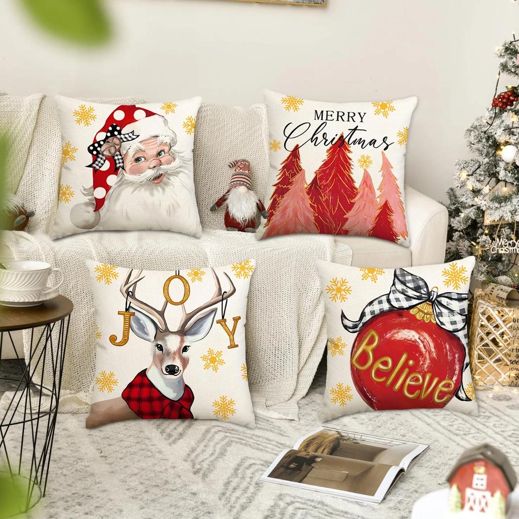4pcs Merry Christmas Pillow Cover, Christmas Tree Reindeer Santa Claus Living Room Sofa Decoration Cushion Cover
