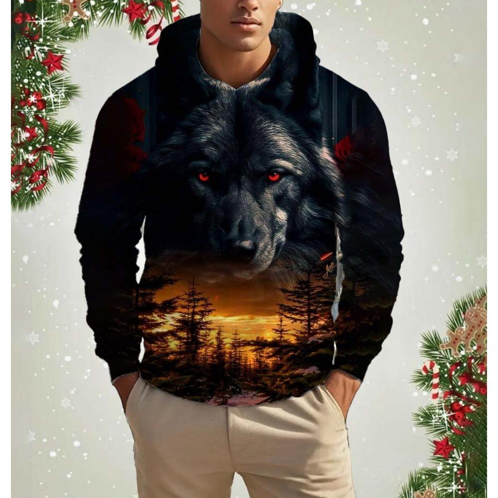 Men's Hooded Fashion Animal Wolf 3D Print Hoodies Top Spring Autumn Fashion Casual Long Sleeved Pullover Oversized Sweatshirts