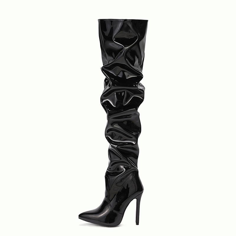 Fashion High Heeled Women's Boots Over-the-knee Boots High Quality Fashion Pointed Toe Side Zipper Shiny Elastic Pleated Stiletto Botas