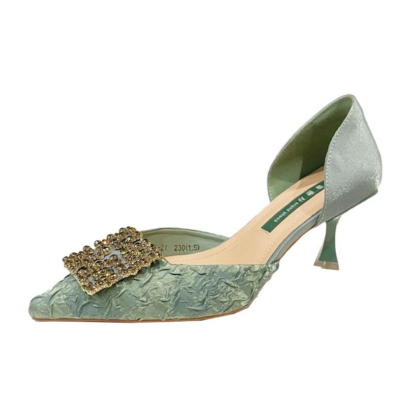 2025 spring new rhinestone square buckle single shoes women's satin versatile pointed high heels thin heel shallow mouth work shoes