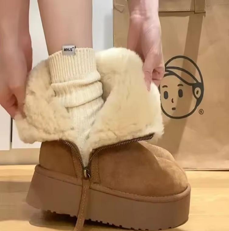 Side Zipper Thick Cotton Boots Short Tube Thick Sole Snow Boots Warm Fur Ladies Shoes Winter