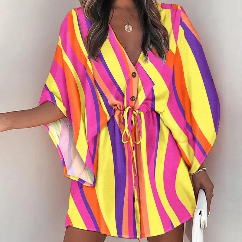 BITCED Women's Summer Batwing SleeveV-neck Lace-up Casual Resort Dresses