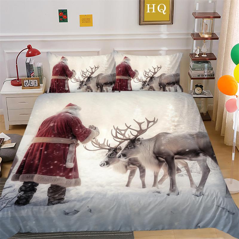 Jultomte Älg 3D-printad Polyester Kuddfodral Täcke Överdrag Två Eller Tre Delars Set