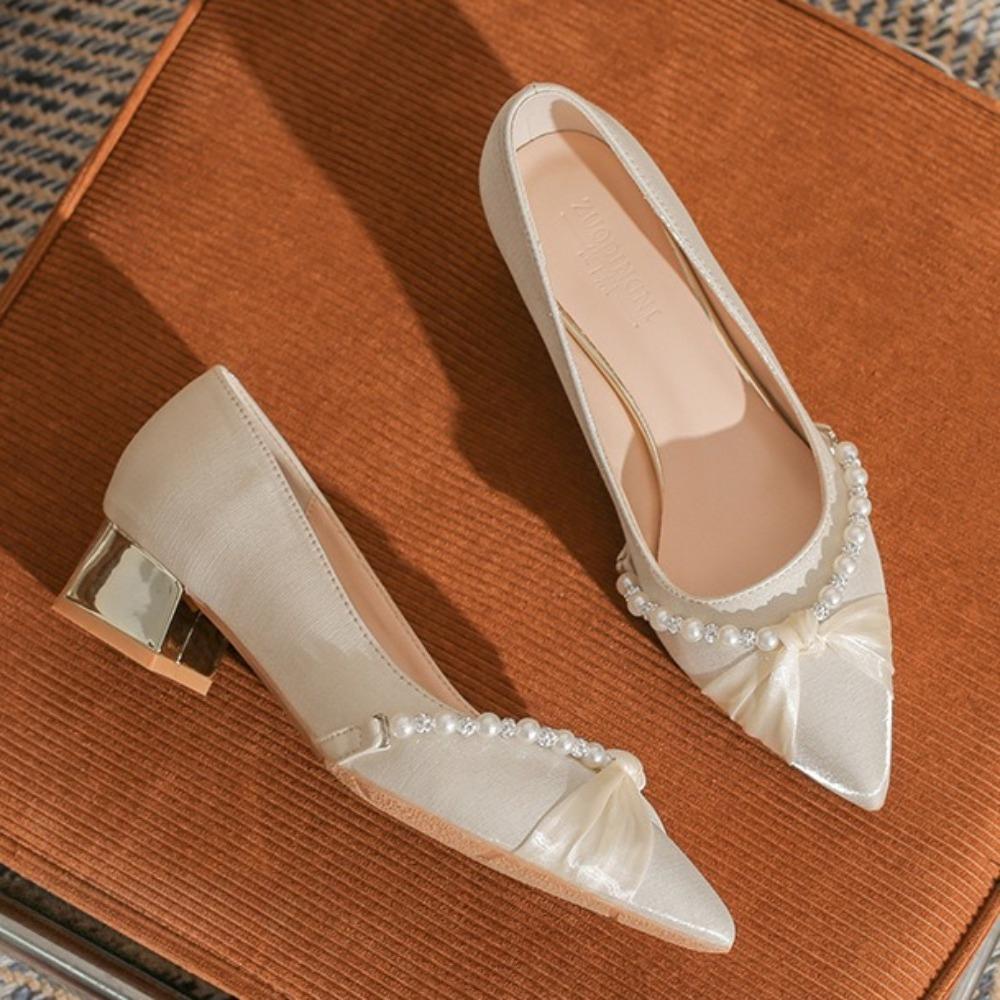 High Heels Women's Summer Thick Heel Wide Fat Feet Pearl Banquet Low Heel Bridesmaid Pointed Head Pumps Women Size 30-44