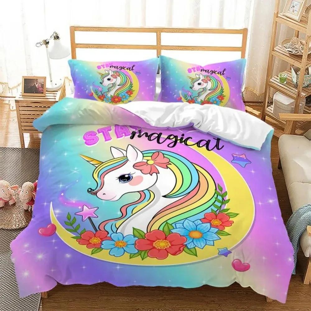 Dětské povlečení s duhovým jednorožcem Kawaii kreslená zvířátka Povlečení pro kluky a holky 2/3dílné Sady povlaků na přikrývku velikosti Twin Single Double Queen