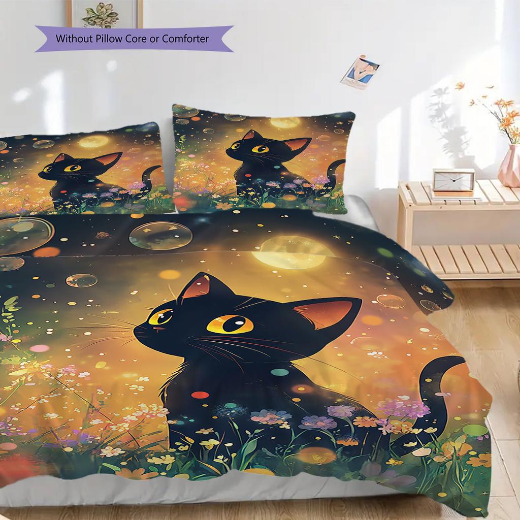 Black Cat Pattern Bedding Quilt Set Quilt Cover Pillowcase Home Decoration Birthday Gift (1 * Duvet Cover + 2 * Pillowcase, Without Core)