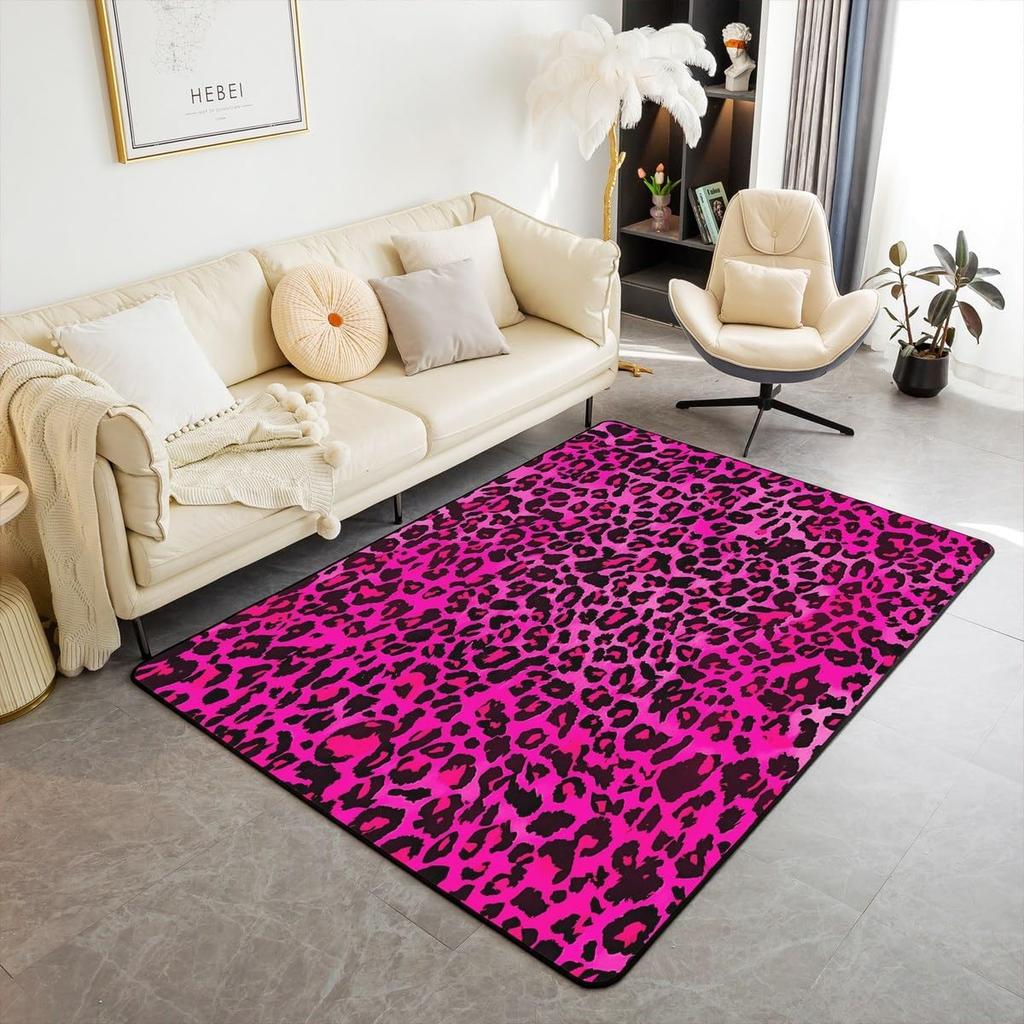 Kids Leopard Decor Carpet Area Rug Cute Pink Love Heart Living Room Rugs for Bedroom for Boys Girls Teens Modern Cheetah Indoor