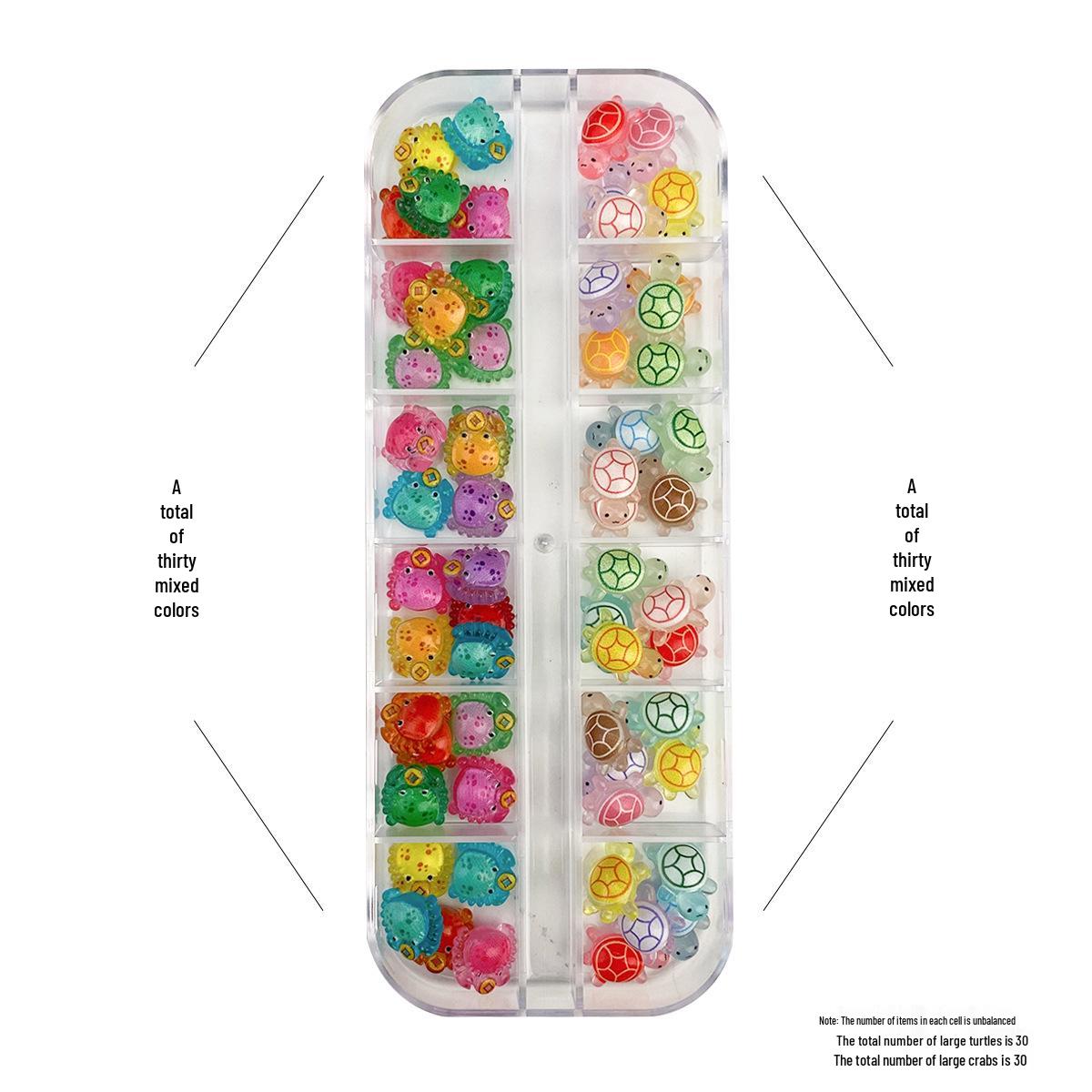 12-Grid Turtle & Crab Nail Art Resin Ornaments - Cute Cartoon Decorations