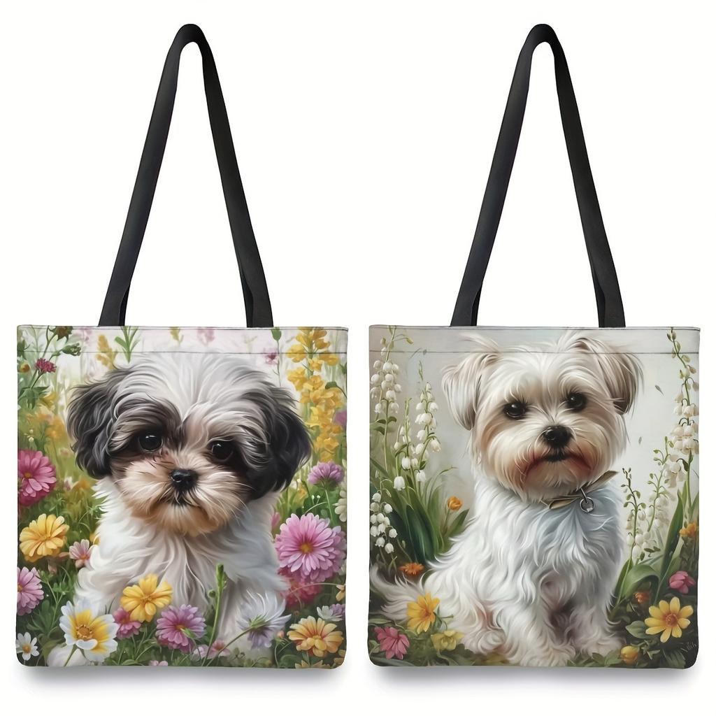 Chic Puppy Floral Tote Bag Lightweight Reusable Shopping Handbag for Everyday Use Flower Multifunctional Shoulder Bag