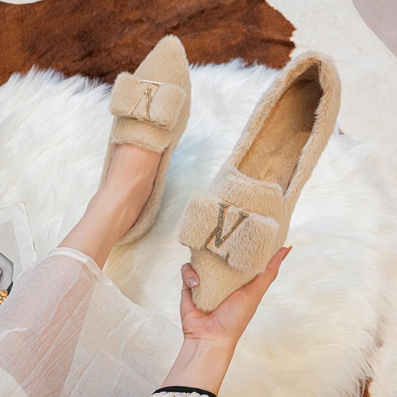 Pointed Hair Women's Winter Wear 2025 New Velvet High-heeled Single Shoes Doudou Shoes Cotton Ladyshoes Large Size 41-43