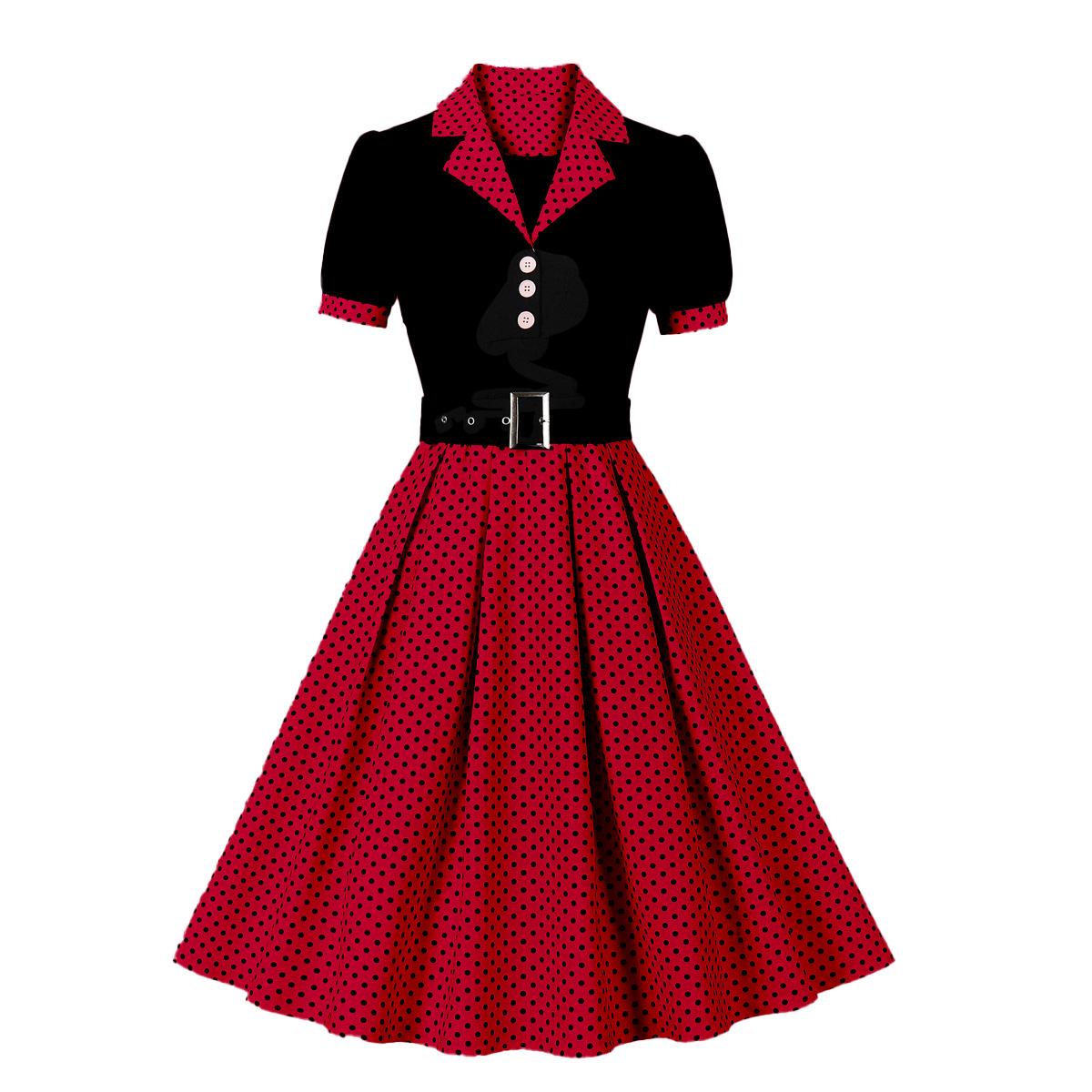 

Весна и Осень Европейская и Американская Мода Женская Одежда Горошек Талия Ретро Юбка с Большим Поясом Повседневное Платье XXL красный