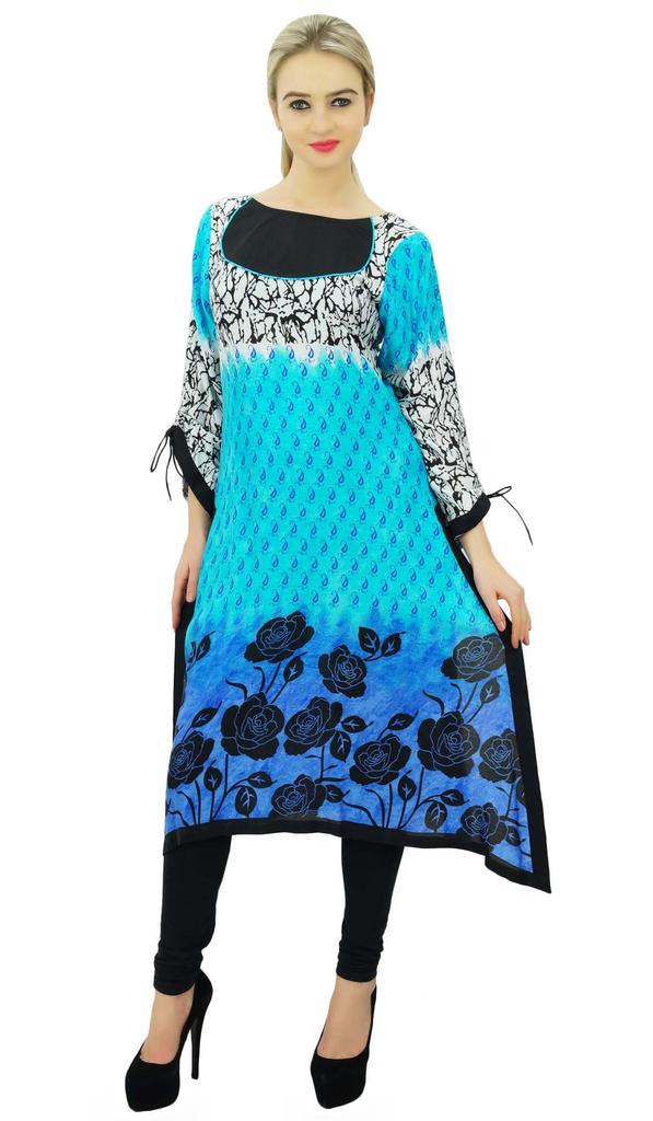 Bimba Women's Designer Ethnic Indian Kurta Kurti Rayon Tunic Blouse With Asymmetrical