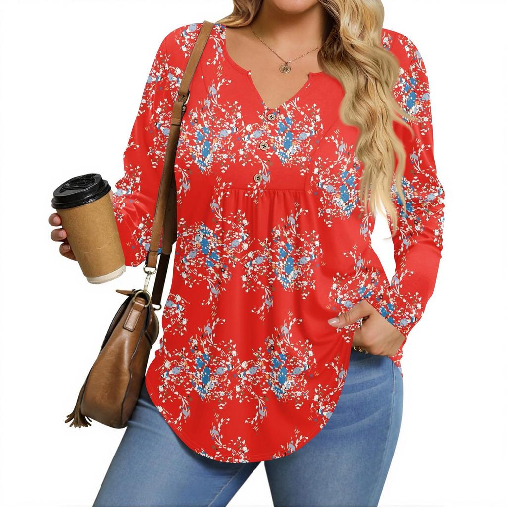 Womens Plus Size Long Sleeve Shirts  V Neck Tunic Tops Basic Loose Fit Tee Tops
