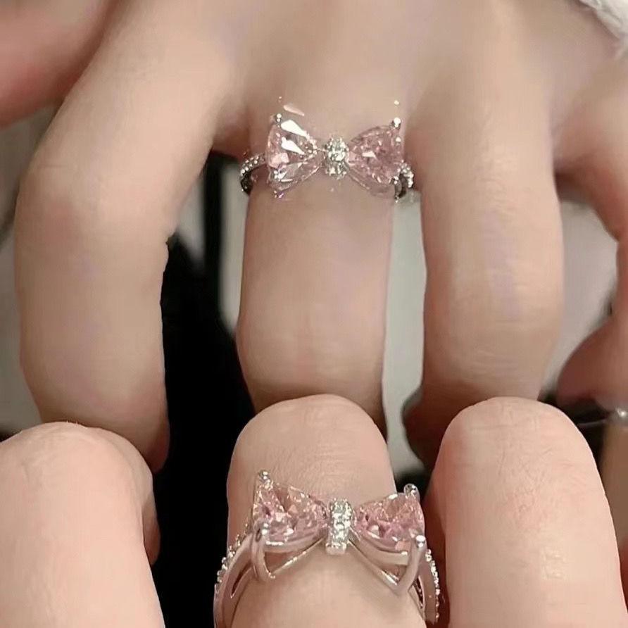 [Princess's Castle] Pink zircon bow ring female ins student niche senior sense index finger ring female