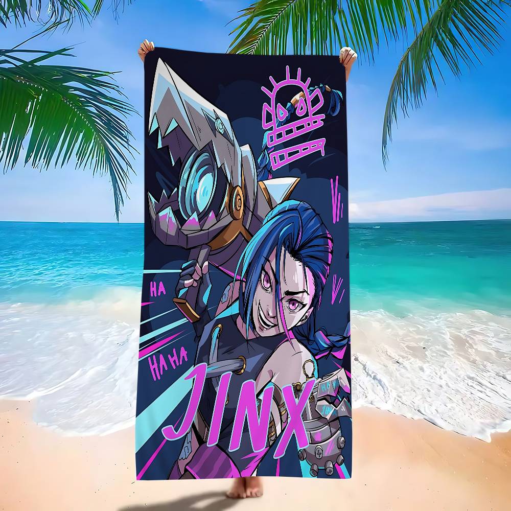 Cartoon Anime Game Arcane J-Jinx Main Art Bath Towel Microfiber Soft Water Absorbing Breathable For Kids Cartoon Beach Towel