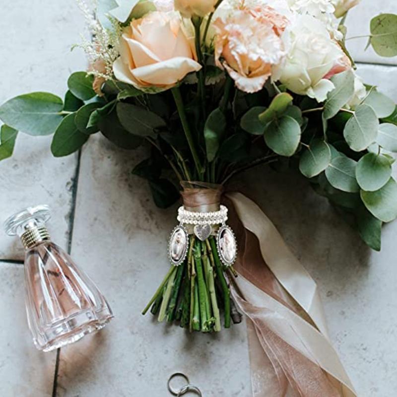 Armreif mit Bouquet-Bildanhänger, ovalem Glas-Cabochon, Hochzeitsfoto-Anhänger, herzförmigem Anhänger und Perle für Brautparty