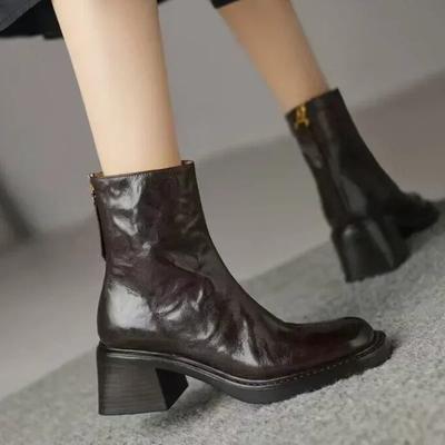 Bottines Chelsea d'hiver/automne en cuir véritable pour femmes, bottes rétro sculptées, bottines à bout rond, chaussures de style britannique pour femmes