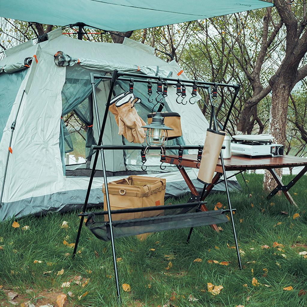 Outdoor Camping Hanging Rack Outdoor Portable Double Layer Camping Rack with Mesh Pocket