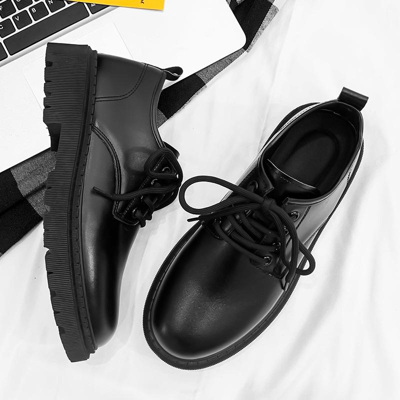 Winter velvet cotton shoes casual leather shoes big head shoes British shoes black light mouth