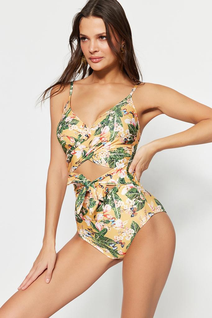 Women's New Season Swimsuit Floral Patterned Double Breasted Tied Normal Leg Swimsuit