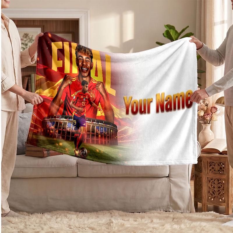 Coperta in pile personalizzata Lamine Yamal con logo del calcio, testo con nome personalizzato, morbida, calda, coperta da divano per la casa