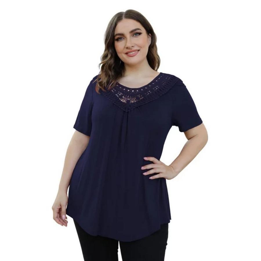 Short Sleeve Lace Hallow Out Patchwork Pleated A Line Casual T Shirt for Summer Women Plus Size Top
