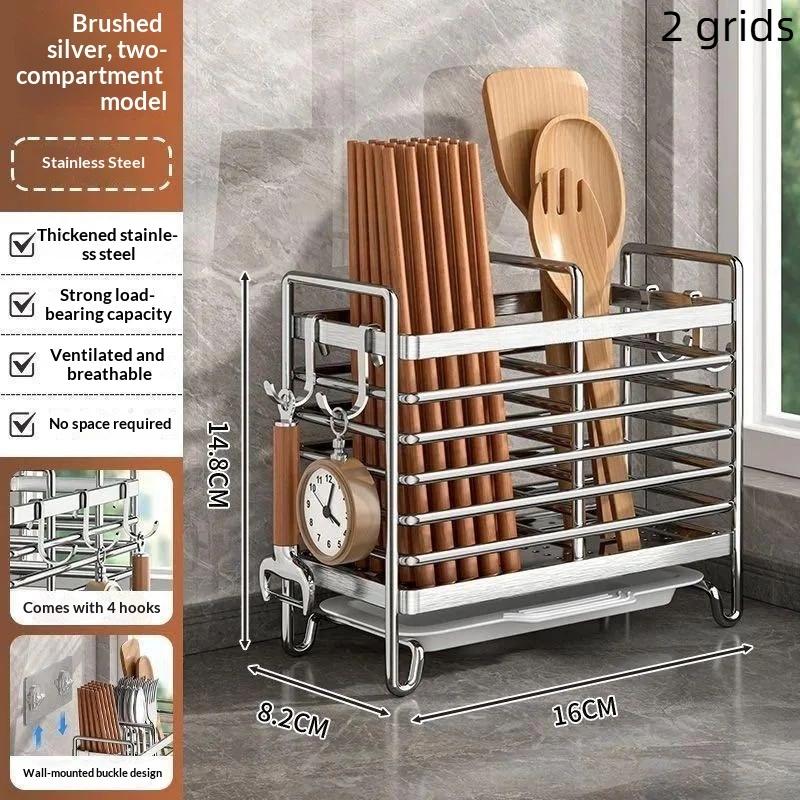 Wall-Mounted No-Drill Cutlery Rack Stainless Steel Space-Saving Anti-Scratch Utensil Organizer for Home Kitchen Storage