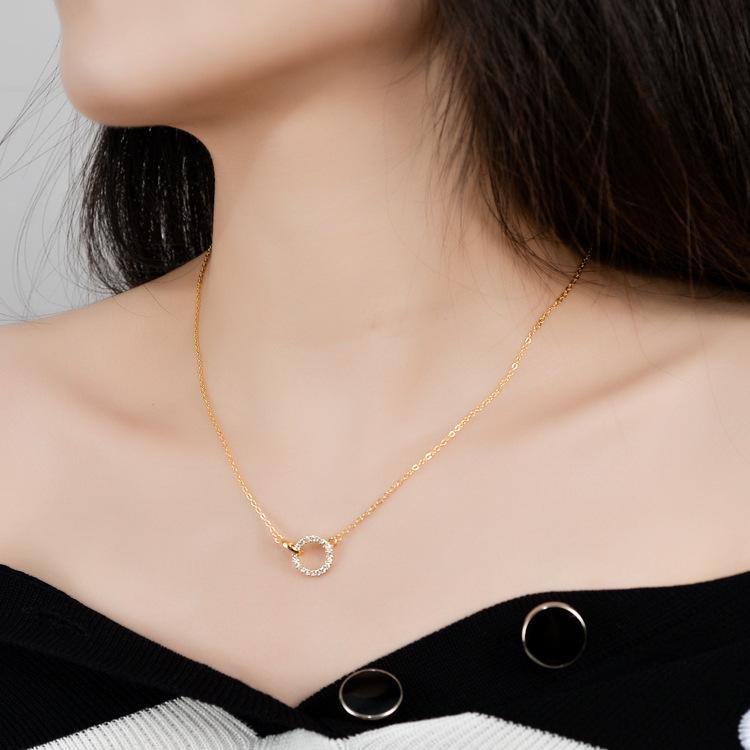 Ins Light Luxury High-end Sense Interlocking Necklace Women's Fashion Temperament Double Circle Diamond-encrusted Super Fairy Pendant Collarbone Chain