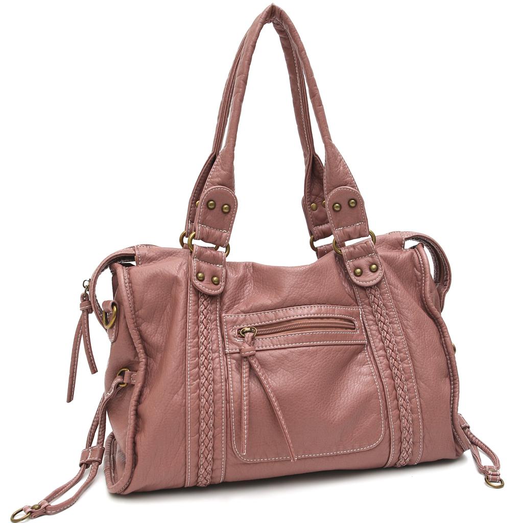Vintage Washed PU Leather Large Capacity Tote Zip Pockets Braid Decor Shoulder Cross body Bag Unisex Women Daily Travel Handbag