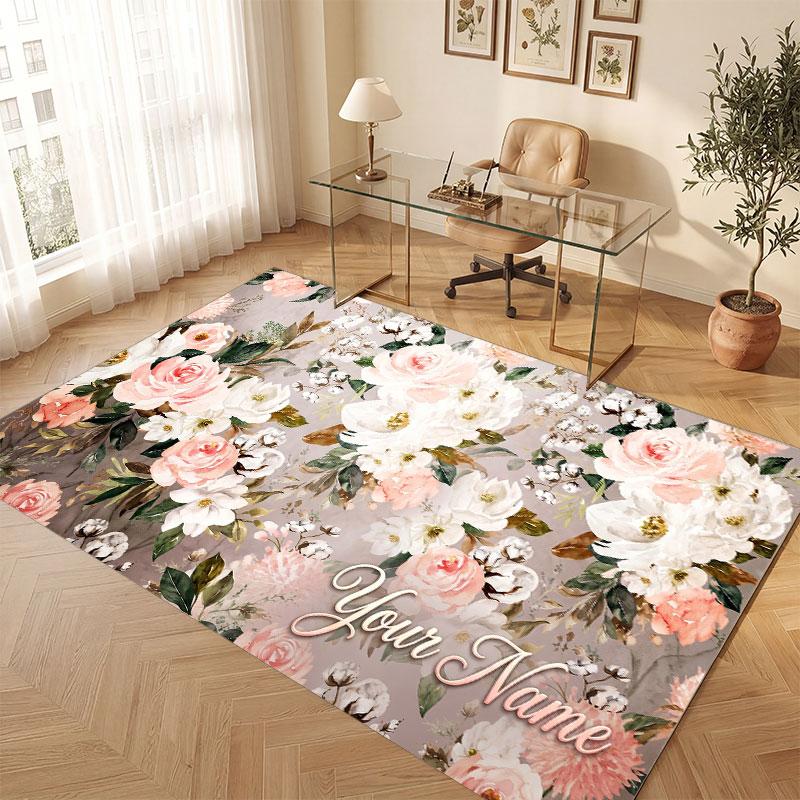 Floral Garden Theme Crystal Velvet Floor Rug Personalized Custom Name Text Warm Carpet Home Decoration