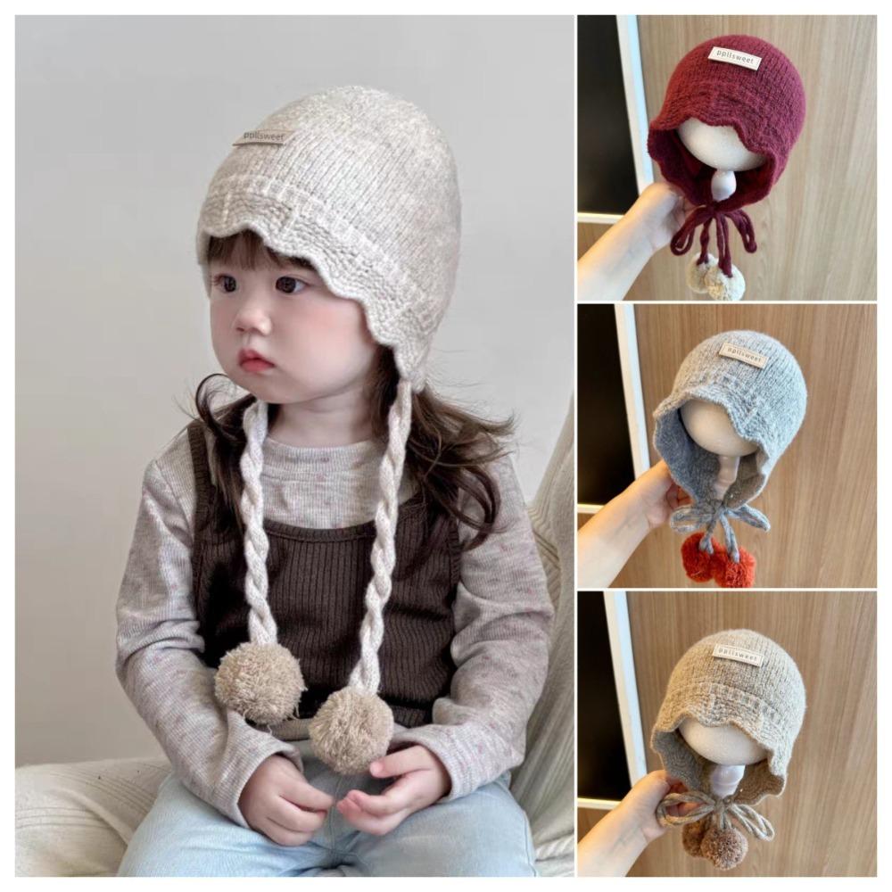 Pompom Baby Knit Hat Ear Protection Lacing Bonnet Soft Earflap Hats For Kids
