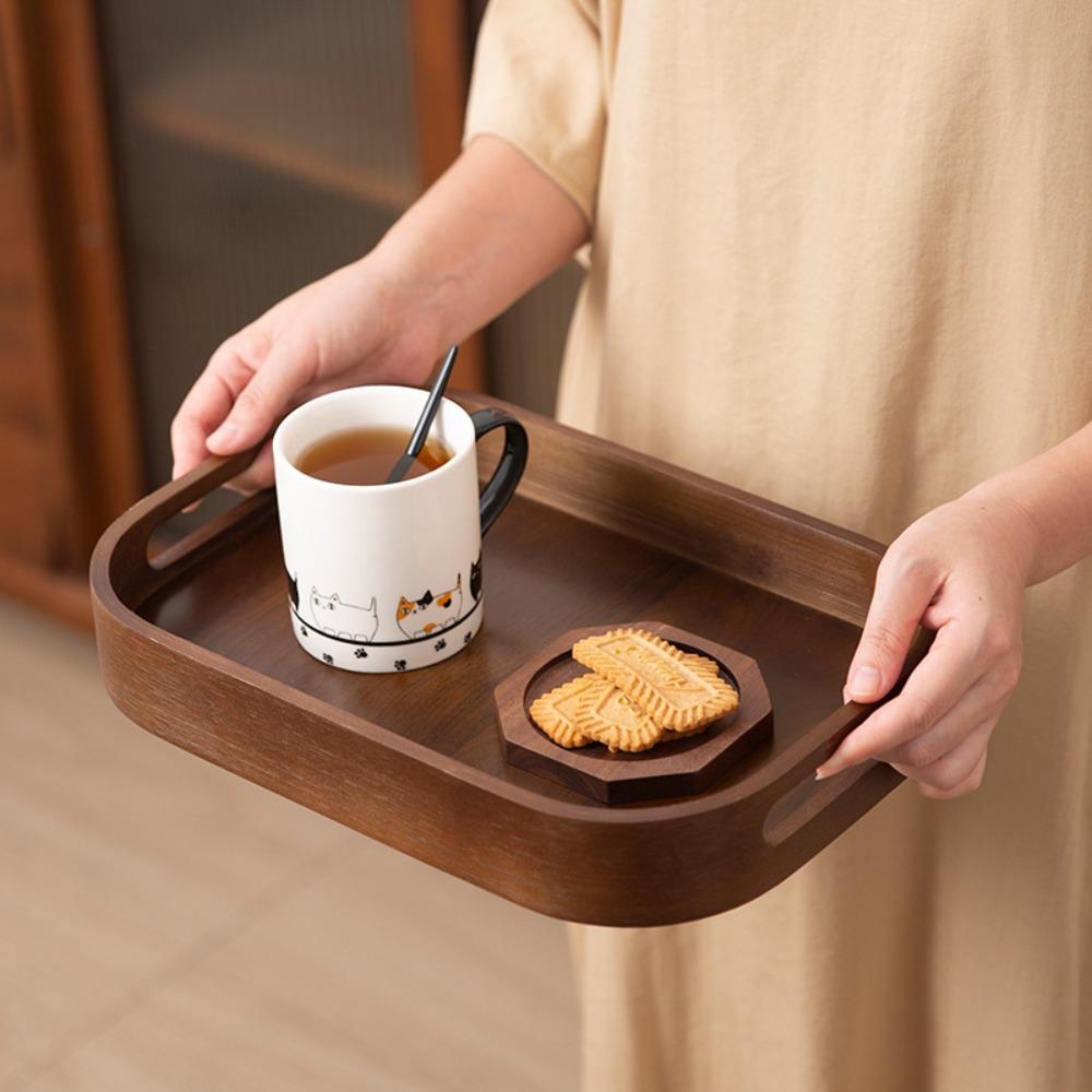 Polished Walnut Tea Tray Hollowed-out Handle Breakfast Serving Tray Tea Serving Plate  Desserts
