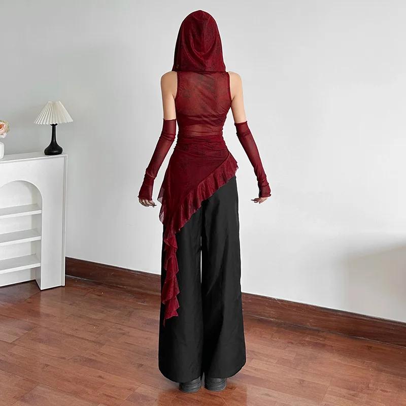 2KWEIRD Streetwear 90s Grunge Mesh See Through Hooded Tops Cyber Y2K Irregular Hem Ruffles Hoodie Women Slim Blouse with Cuffs
