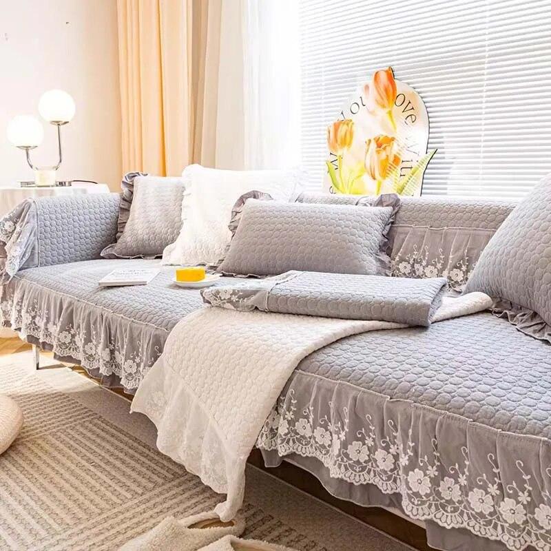 Solid Color Non-slip Sofa Cover Cotton Lace Quilted Sofa Cushion Towel for Living Room Four Seasons Universal Soft Couch Covers