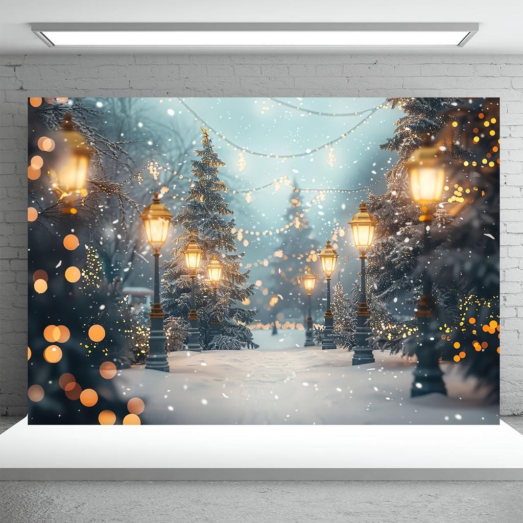 1 Piece of Winter Wonderland Forest Background Cloth - Snow Christmas Pine Tree and Halo Scene