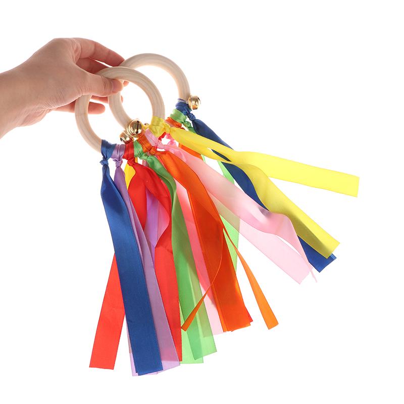 Colorful Ribbon Dance Props Rainbow Silk Wooden Ring Bells Hand-Shaken Bells For Kindergartens