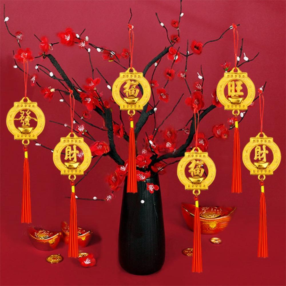 6/10Pcs Gold Chinese New Year Pendant Waterproof Wealth Spring Festival Bonsai Pendant with Tassel Traditional