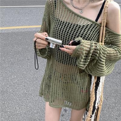 Hollow Grid Crew Neck Top Split Design Summer Thin Outer Loose and Thin Casual Sunscreen Knitted Sweater